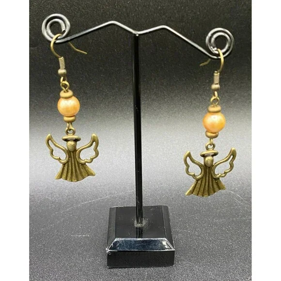 Handmade Brass Tone Angel with Faux Pearl & Brass Bead Earrings by Neanie-Bot - Picture 2 of 2